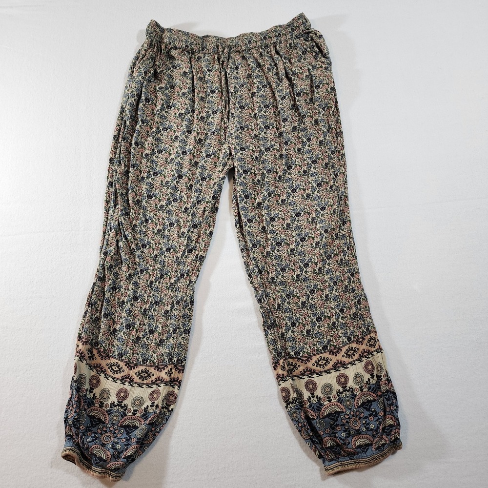 Natural Life Floral Boho Harem Pants XL Elastic Waist Joggers Multicolor Border - Picture 3 of 7